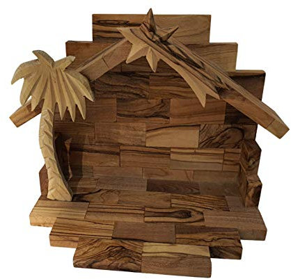 Handgeschnitztes Bethlehem Miniatur-Krippenfiguren-Set aus Olivenholz mit stabilen 12 Teilen (15,2 cm Stall, keine Figuren)