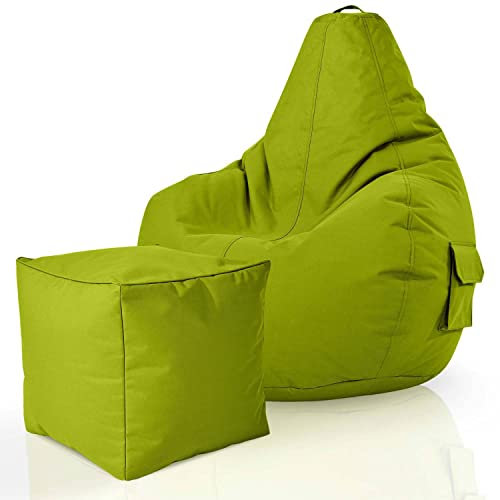 Green Bean 2er Set Sitzsack + Hocker - fertig befüllt - robust waschbar schmutzabweisend - Kinder & Erwachsene Bean Bag Bodenkissen Lounge Sitzhocker Relax-Sessel Gamer Gamingstuhl Pouf - Grün