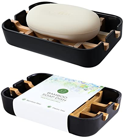 Lot de 2 porte-savons pour savon de salle de bain respectueux de l'environnement (amovibles), porte-savon en bambou, noir
