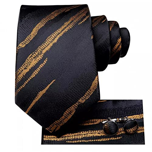 BAJIE Herren Krawatte Schwarz Gold Gestreift Seide Herren Hochzeitskrawatte Handky Manschettenknopf Herren Krawatte Anzug Business Party