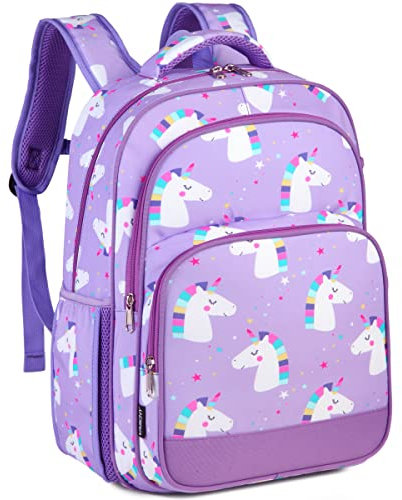 VASCHY Kinder-Rucksack für Mädchen und Jungen, niedlich, 40,6 cm, für Grundschule, mit Brustgurt, Schnalle und mehreren Fächern, Lila Einhorn, one size, Casual