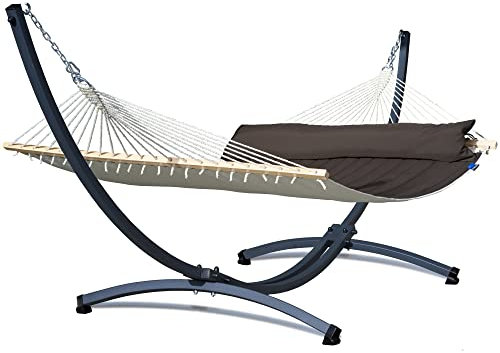 Potenza Outdoor Hängematte mit Verzinkter Gestell für 2 Personen I Panama - Stabhängematte XXL 210x140, 200kg I Hängemattengestell 220kg, wetterfest (Braun, Basic Gestell Graphit)