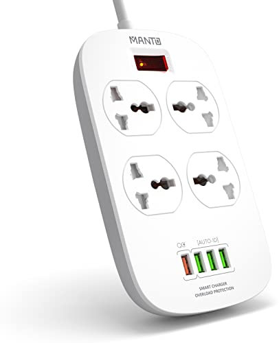 MANTO Regleta con 4 Enchufes Universales (US/UK/EU) y 4 Puertos USB (QC 3.0 Carga Rápida), 2500W, Cable de 2M, Protección Infantil - Ideal para Hogar, Oficina y Viajes...y
