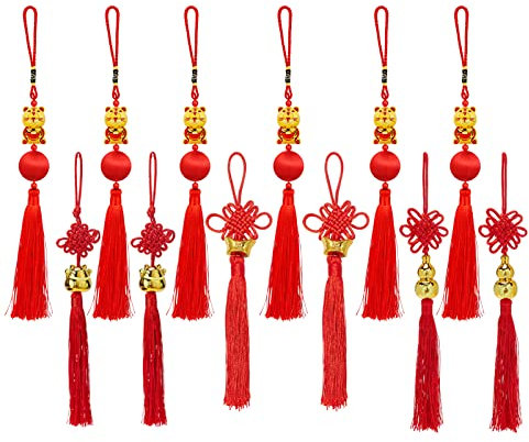 SUPERFINDINGS 12 Pcs 4 Styles Chinois Année du Tigre Porte-Bonheur Chinois Feng Shui Porte-Bonheur Noeud Chinois Porte-Bonheur Pendentifs Orientaux Porte-Bonheur pour Chance Richesse Santé Succès