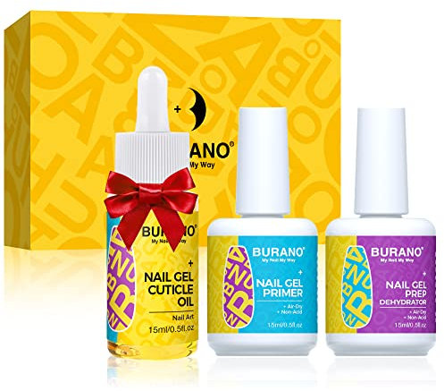 BURANO Gel Nail Polish Primer, Long Lasting Acid Free Natural Nail Prep Dehydrate Bond Primer for Acrylic Nails and Gel Polish, Acrylic Nail Primer No Burns Bonding Primer 0.5 oz (White set)