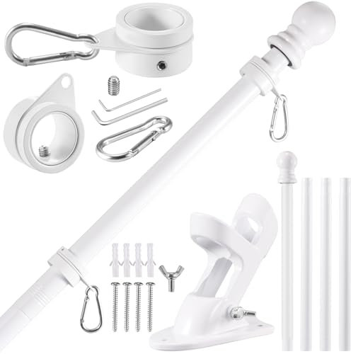 BONWIN White Flag Pole Kit for House, 5FT Thickened Stainless Steel Outside Wall Mount Flagpole for 3x5' Flag, 1 Tangle Free Rotating Flag Pole Rings & 2-Position Bracket Holder for Porch Residential