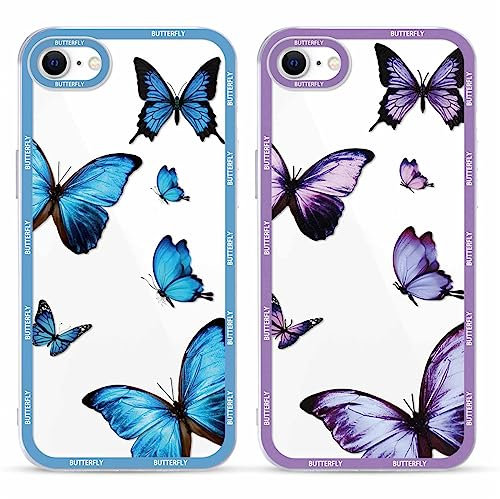 Yoedge 2 Stück Transparent HandyHülle für iPhone 8/7 / SE 2022 / SE 2020 Hülle Schmetterling 4,7, TPU Schutzhülle für iPhone SE 3 Case 3D Lila Butterfly Muster Aesthetic Mädchen Durchsichtig Cover