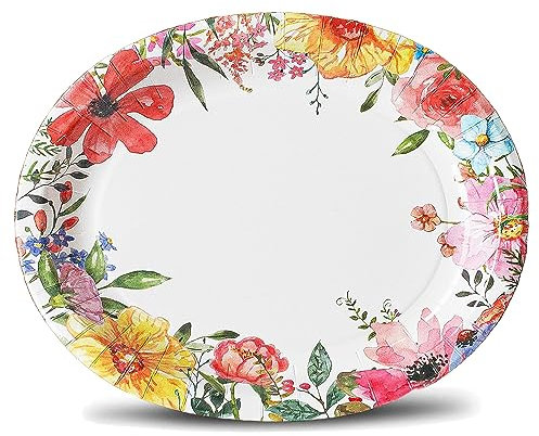 FJYOURIA Party Paper Plates, 50 Pack 12.5x10 inch Big Oval Dessert Plates Dinner Plates for Picnic Birthday Wedding Shower Party (Oval red Flowers)