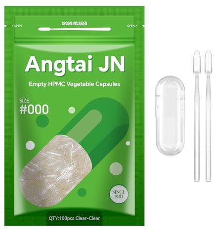 Angtai JN Gélules Vides Végétales à Remplir Taille 000 (100 unités) Capsule Vide avec Micro Cuillère,Certifié Casher,Halal,Empty Capsules Compatible avec la Machine de Remplissage de Capsule 000