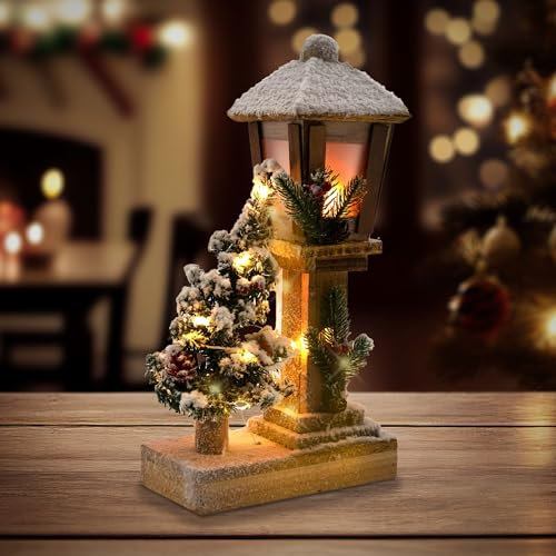 ECD Germany Dekorative Holz-Weihnachtslaterne mit LED-Beleuchtung, Warmweiß, 19x11,5x37 cm, batteriebetrieben, Timer, Deko Holzlaterne & Tanne beschneit, Weihnachtsdeko Innen, Weihnachtsdekoration