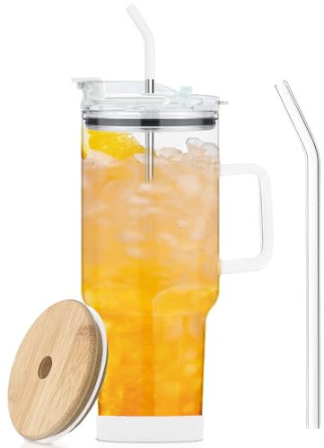 AiHeart Glasbecher mit Deckel und Strohhalmen, 1,2 l Glasbecher mit Griff, Trinkgläser mit Silikon-Untersetzer, Wasserbecher, Smoothie-Tasse, Bierbecher, Eiskaffeetasse, passt in Becherhalter