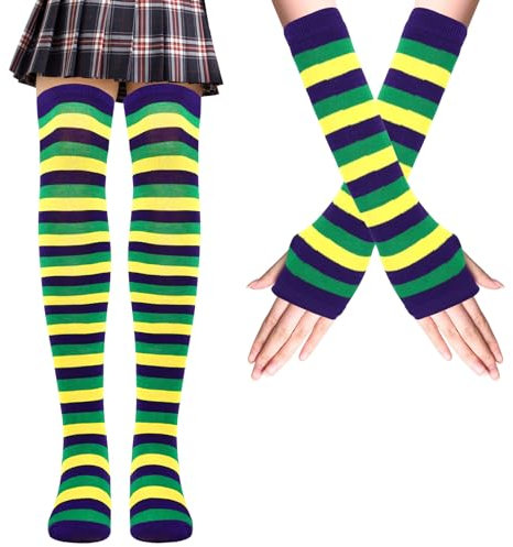 Mayoii Thigh High Socks Fingerless Gloves Set, Long Socks for Women Girls Arm Leg Warmer, Striped Knee High Stockings (Purple Yellow Green)
