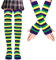 Mayoii Thigh High Socks Fingerless Gloves Set, Long Socks for Women Girls Arm Leg Warmer, Striped Knee High Stockings (Purple Yellow Green)