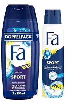 Fa Duschgel Sport 2er Pack (1x 2x250 ml) & Deospray (1x 150 ml) mit vitalisierenden Duft von grünem Zitrus, Deo ohne Aluminium für bis zu 48 h Deo-Schutz, ohne Aluminiumsalze
