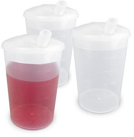 Plastic Beaker with Drinking Lid - Pack of 3 | Adult Drinking Cup Drinking Cups Elderly Plastic Beakers for Adults Disability Cup Adult Beaker for Elderly Small Spouted Drinking Lid