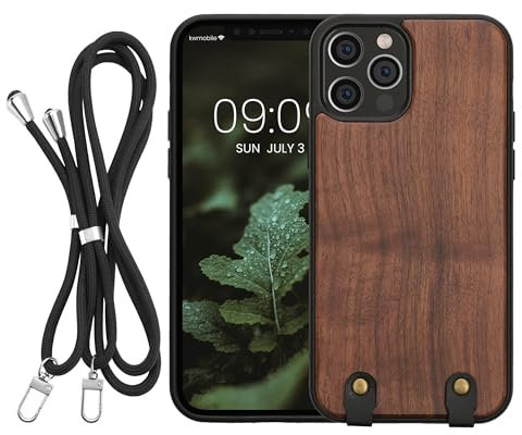 kwmobile Necklace Case kompatibel mit Apple iPhone 12 / iPhone 12 Pro Hülle - Holz TPU Cover mit Handykette - Band Handyhülle Dunkelbraun
