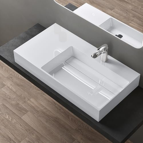 doporro Lavabo de diseño 100x48x13cm desagüe oculto Colossum12-derecho en blanco de mármol fundido apto como lavabo sobre encimera y lavabo suspendido