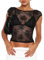 Women Floral Lace Sheer Crop Top Y2k Slim Fit Mesh See Through Short Sleeve Backless T Shirts Aesthetic Grunge Streetwear Tees (A-Black, M)