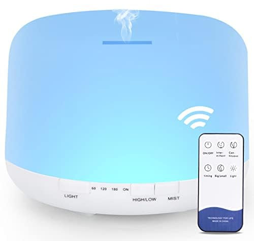 500ML Difusor de Aceites Esenciales,Difusor Aceites Esenciales Sin BPA Humidificador Ultrasónico Silencioso con Mando a Distancia, 4 Temporizadores y 7 Colores LED - Apagado Automático,Blanco