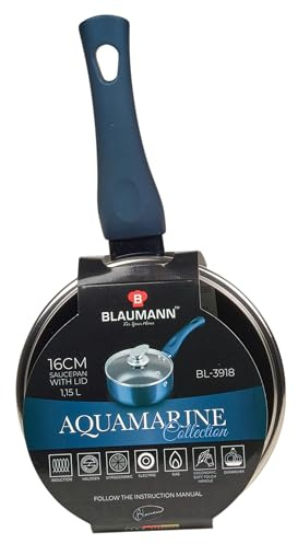 BLAUMANN Cookware Bratpfanne, Grilltopf, Kasserolle, weicher Griff, Deckel (Aquamarin, 16 x 7 cm, Milchtopf, 1,15 l)