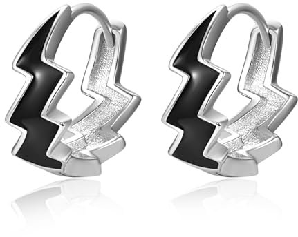 Lightning Bolt Hoop Earrings Sterling Silver Flash Earrings Black Hoop Huggie Earrings Lightning Bolt Huggie Earrings for Women Men