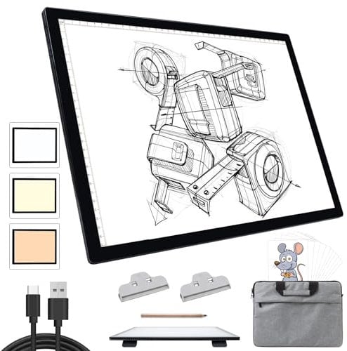 Leuchttisch A3 Light Pad mit Tasche - Diamond Painting ZubehöR Leuchtplatte, Tragbares Wiederaufladbare Batteriebetriebene Leuchtkasten, 3 Farben 6 Helligkeitsstufen LED Leuchttisch für Abpausen