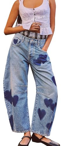 cffvdiz Barrel Jeans Women Mid-Rise Vintage Baggy Heart Printed Ankle Jeans Wide Leg Denim Pants,Blue,L