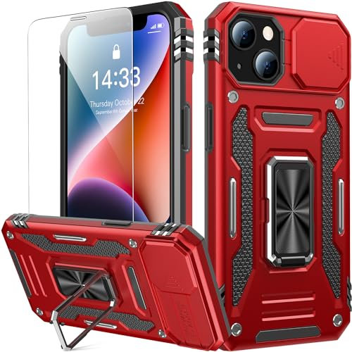 Goodon for iPhone 13 Case, iPhone 14 Case with Sliding Camera Cover + Screen Protector - Metal Magnetic Kickstand - Military-Grade Shockproof Matte Protective Phone Cover 6.1 for Women Girls - Red