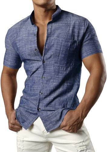 JOGAL Men's Cotton Linen Grandad Shirts Short Sleeve Casual Collarless Shirt Regular Fit Summer Beach Shirts Navy Medium