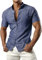 JOGAL Men's Cotton Linen Grandad Shirts Short Sleeve Casual Collarless Shirt Regular Fit Summer Beach Shirts Navy Medium