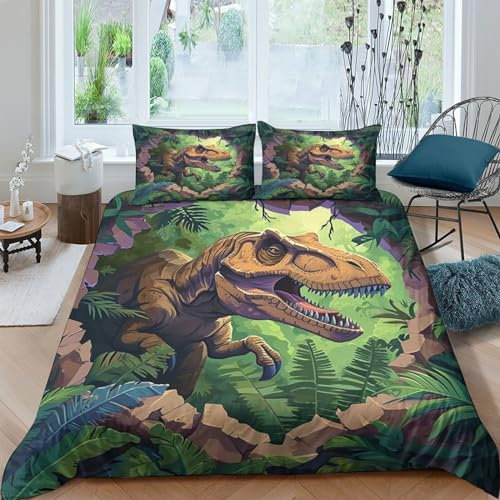 BEDPOCHY Dinosaurier Bettwäsche Für Kinder Jungen Mädchen Teenager Erwachsene Jurassic Bettbezug Set Mit Reißverschluss, Microfaser 3-teilig Mit Kissenbezug Double（200x200cm）