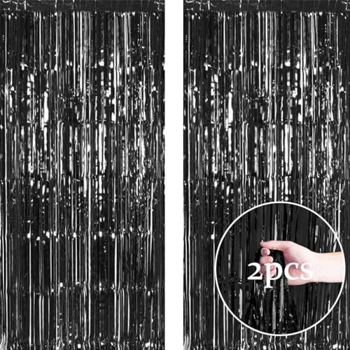 2pcs 3.2ft x 6.5ft Foil Fringe Curtain Door Curtains, Metallic Tinsel Curtains Streamers for Birthday Graduation Wedding Engagement Bridal Shower Bachelorette Holiday Party Decoration (Black)