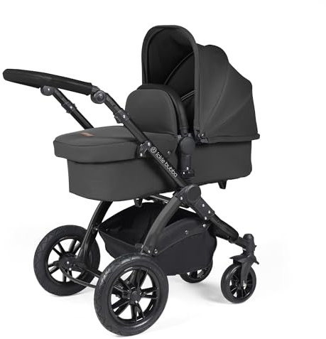 Ickle Bubba Stomp Luxe Kinderwagen & i-Size Cirrus Autositz & ISOFIX Basis - Von Geburt an bis 22kg ca. 4 Jahre*, geländegängig, inkl. Regenschutz, Fußsack, Schürze (Anthrazitgrau)