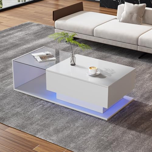 Merax Couchtisch Weiß Hochglanz mit LED, Moderner Wohnzimmertisch mit Stauraum Schubladen, Glasplatte, Beistelltisch, rechteckiger Mitteltisch, Sofatisch, Kaffeetisch, Wohnzimmermöbel, 100x50x32cm
