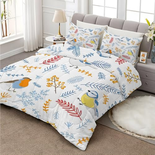 Vogel Bettdecke 135x200 4 Jahreszeiten, Ganzjahresdecke 135x200 Blumen, Bettdecke Ohne Bezug Nutzbar, Bettdecken Wende Waschbar mit Obst Muster, Warme Steppdecke Schlafdecke AE-339