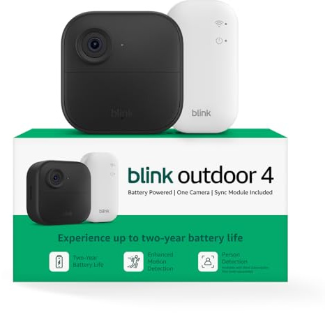Blink Outdoor 4 – Wireless smart security camera, two-year battery life, 1080p HD day and infrared night live view, two-way talk. Sync Module Core included – 1 camera system