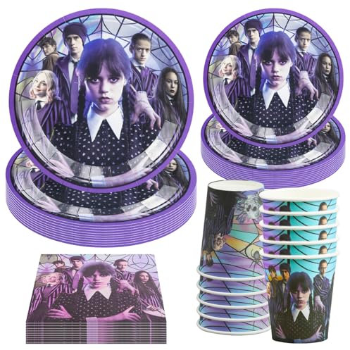 Hmfmdy Wednesday, set di stoviglie per feste, 50 pezzi, decorazione per feste di Wednesdays, kit di stoviglie per compleanno, con piatto di carta, tovaglioli, per feste di compleanno per bambini, per