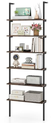 HOMASIS Estantería de Pared con 6 Niveles, Librería Escalera con Estructura metálica y Dispositivos antivuelco, Estantería Abierta Moderna para salón, Dormitorio, Oficina, 60x20x183cm (Marrón)