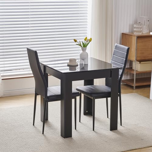 Modernes kleines Esstisch-Set mit 2 Hochglanz-Holzstühlen, stilvolles Küchenstuhl-Set mit hoher Rückenlehne, schwarze Metallbeine, ideale Esszimmermöbel für die Küche zu Hause (schwarzer Holztisch &