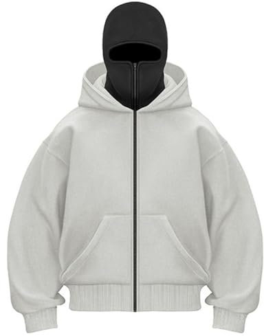 PADOLA Balaclava Zip Hoodie Herren Ninja Kapuzenpullover mit Sturmhaube Oversized Mask Jacke mit Doppel Kapuze Y2K Hoodie mit Fleece Winddichte Übergangsjacke Motor Fahrrad (2XL, 3 Hellgrau)