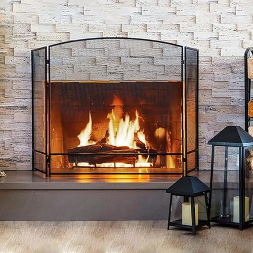 Kaminschirm, faltbar, 3-teilig, für Holzofen, Funkenschutzgitter aus Schmiedeeisen für drinnen und draußen, Schwarze Kaminschutzabdeckung