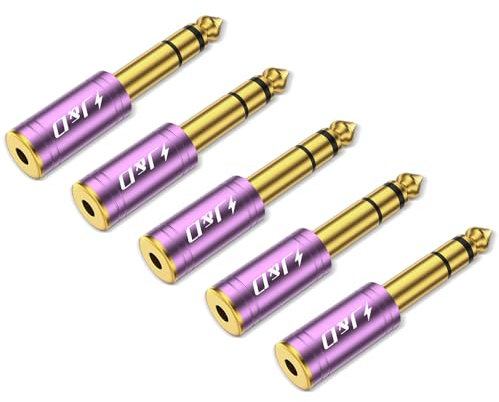 J&D Lot de 5 Adaptateurs Casque 1/4 vers 1/8, 6,35 mm vers 3,5 mm Stéréo TRS Mâle-Femelle, Connecteur Jack Plaqué Or 3,5 mm pour Guitare, Ampli, Clavier, Basse, Violet