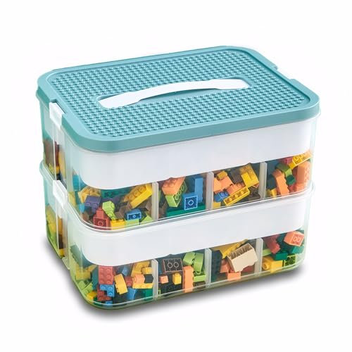 Storage Boxes,Transparent Toy Box Organizer,Stackable Lego Storage Boxes with Lid,Handle,Plastic Multi Compartments Container Chest Case for Storing Toys,Jewelry,Crafts,Tools,Lego (Green, 2 Tier)