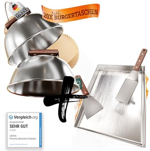 LIKAYA [BUNDLE] Plancha Edelstahl Grillplatte/Grillpfanne [OHNE LOCH - 30x40cm] + Burger-Glocken Set – 2x Grillspachtel & 2x Burger-Glocken – Perfekte Smash Burger auf Deinem Grill & Herd!