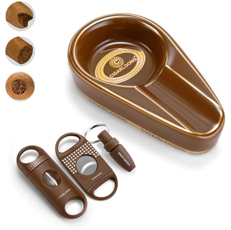 CLZOONG Cigar Ashtray with Cigar Cutter Set Portable, include Cigar Ceramic Ashtray, Enlarge Cigar Guillotine Sharp V-Cut Cutter Punch with Gift Box, Cigar Accessories Set for Men (Brown)