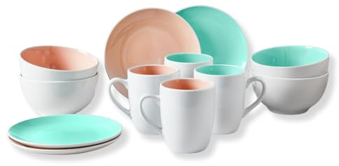 3 PAGEN® Set de desayuno de 12 piezas, color rosa y verde, juego de vajilla de cerámica, servicio de desayuno para 4 personas, platos de desayuno, tazas de café y cuencos de cereales, vajilla diaria