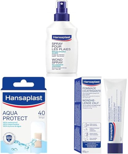 Lot HANSAPLAST Spray Antiseptique (1 x 100 ml), Spray nettoyant + AQUA PROTECT 40 Pansements, Pansements étanche transparents + Pommade cicatrisante (1 x 50 g), accélérant la réparation cutanée