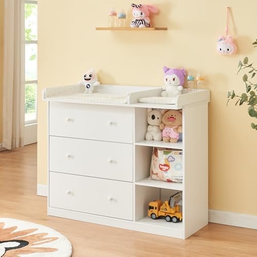 [en.casa] Cassettiera con Piano Fasciatoio Rimovibile Scaffale per la Cura del Bambino Neonato con 3 Cassetti e 3 Scomparti Aperti per Cameretta 93 x 110 x 55 cm - Bianco