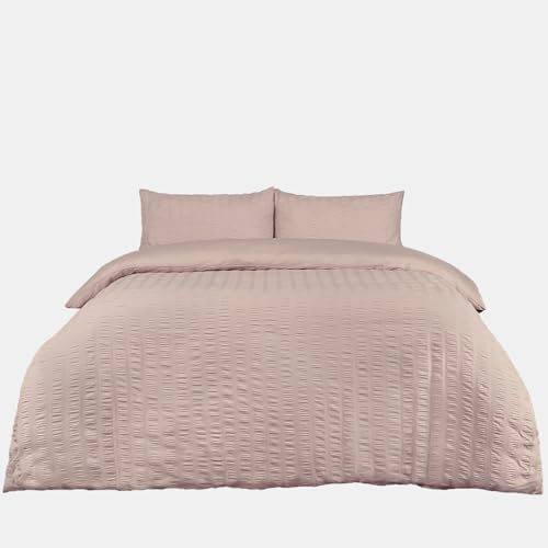 OHS Seersucker Bedding Quilt Covers King Size, Ultra Soft Warm Cosy Textured Ruffled Seersucker Duvet Cover Luxury Plain Dye King Size Duvet Cover Set with Matching Pillowcases, Natural