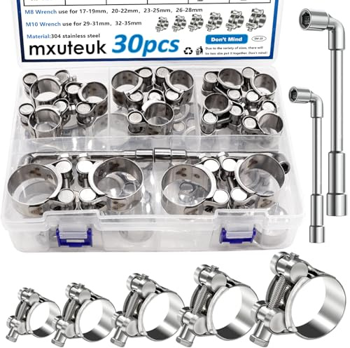 mxuteuk 30pcs 17-35mm T Bolt Hose Clamps 304 Stainless Steel 6 Sizes Heavy Duty T Bolt Hose Clamps with M8 and M10 Sockets